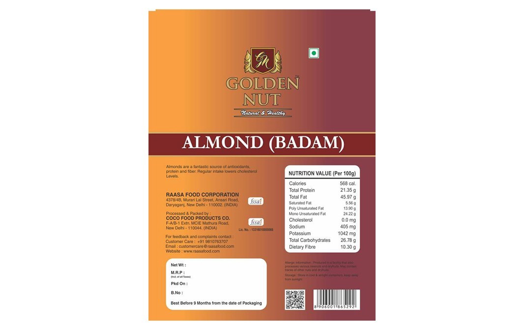 Golden Nut California Almonds (Badam)    Pack  200 grams
